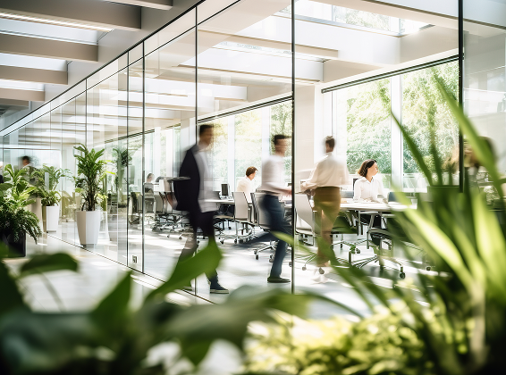 A bright, modern office interior with glass walls, natural light, and greenery