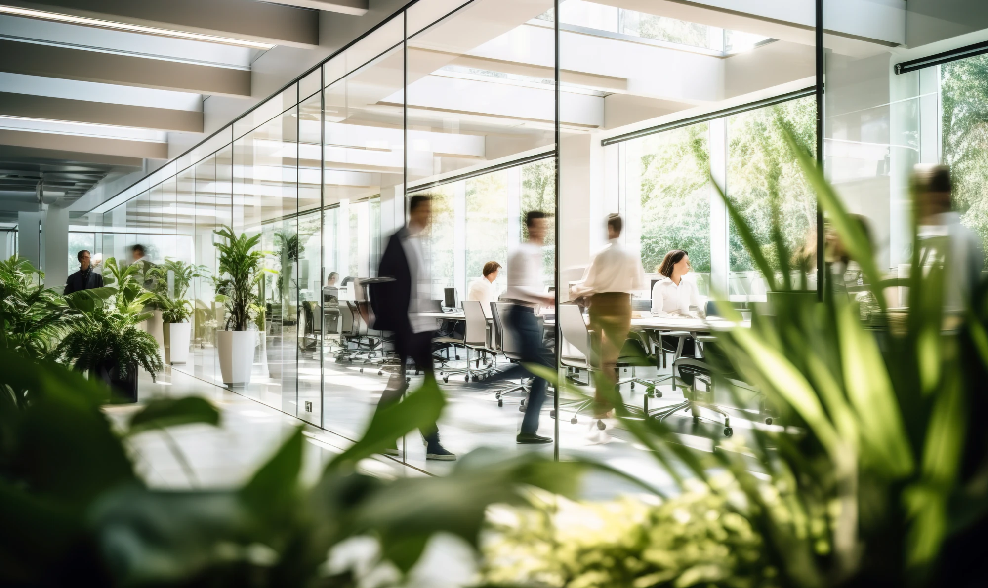 Modern glass office with people walking through bright corridor and lush green indoor plants