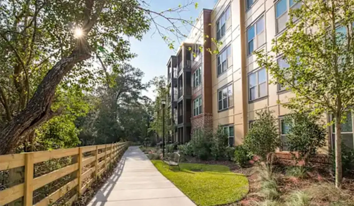 Tree-lined sidewalk beside modern apartments offering serene walking path and nature views