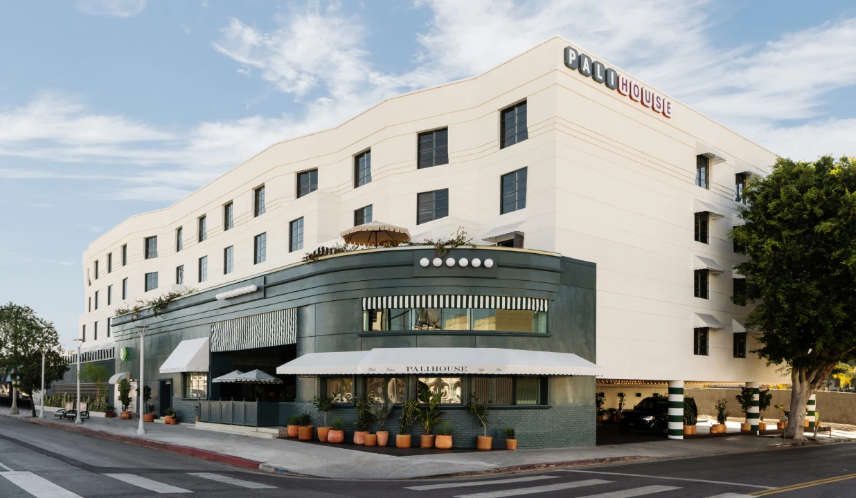 Boutique hotel in West Hollywood with art deco exterior and signature striped awnings