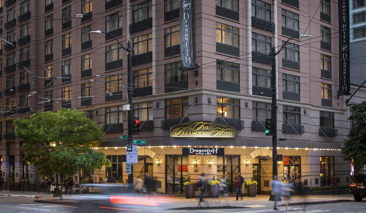 Historic Paramount Hotel in downtown Seattle with Dragonfish Asian café at street level